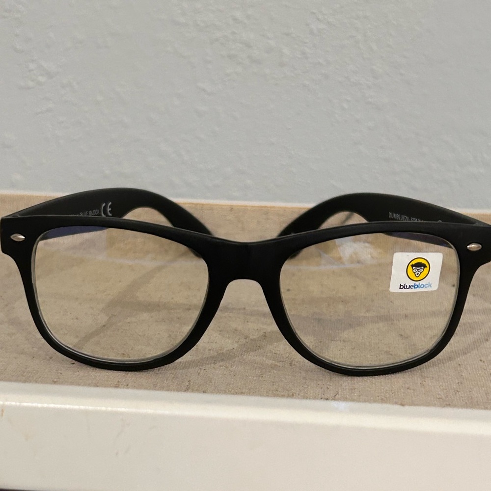 Black frame blue blocker glasses. 6” across eyes and nose and 6” arm